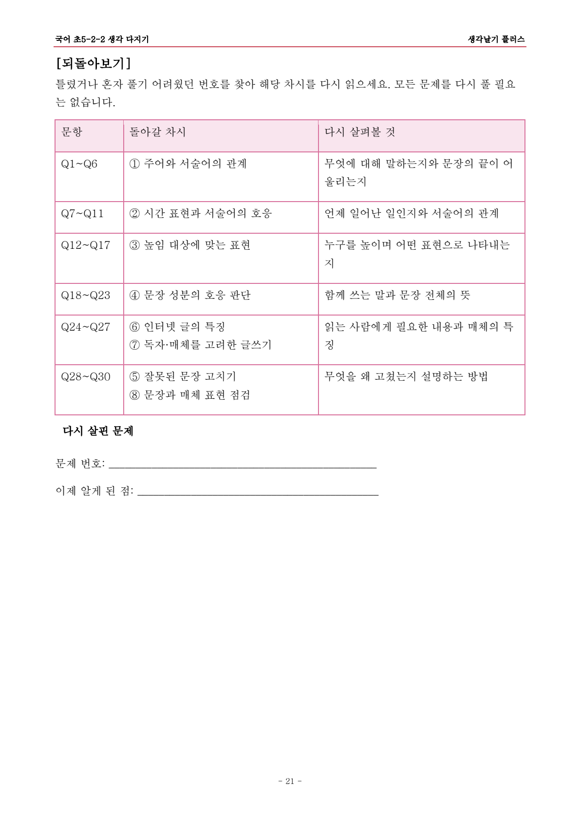 초5 2학기 2단원 · 틀린 문항에서 해당 차시로 되돌아보기