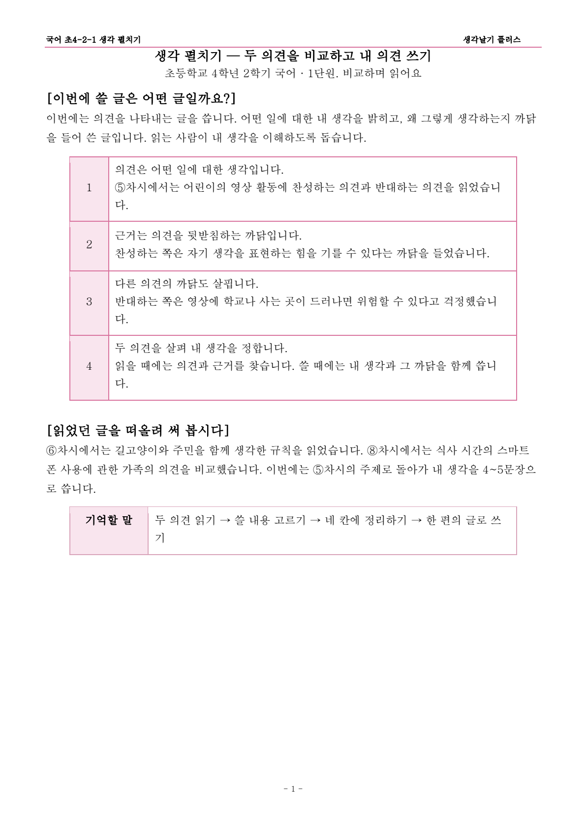국어 · 초4 2학기 1단원 「비교하며 읽어요」 · 1쪽: 의견을 나타내는 글의 뜻과 의견·근거